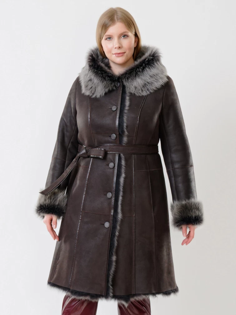 Длинная женская дубленка из тосканы с капюшоном 123нк, коричневая, размер 56, артикул 62082-5