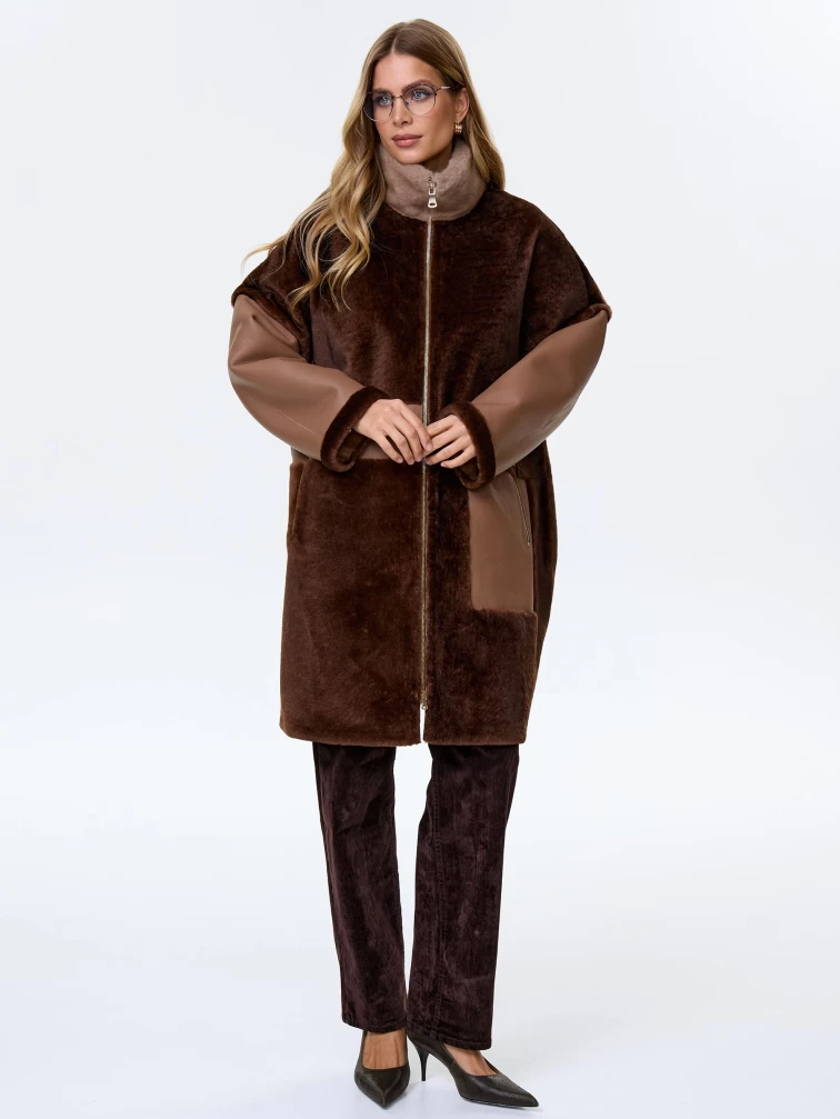 Стильная женская дубленка с норковым воротником премиум класса 2038, коричневая, размер 46, артикул 62440-1
