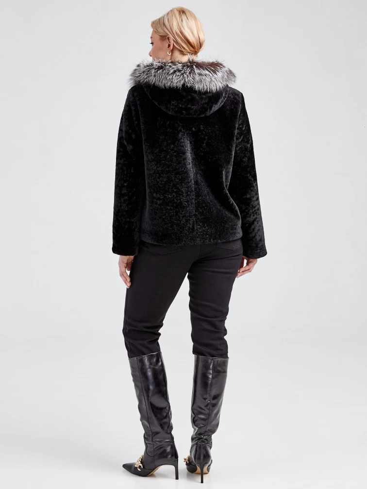 Шуба женская из астрагана с капюшоном и отделкой мехом песца 50мех, черная, размер 46, артикул 13700-4