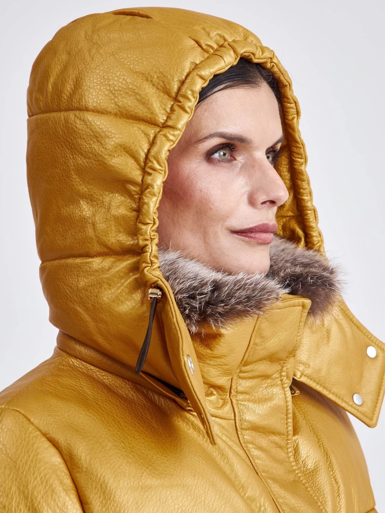 Женская кожаная куртка бомбер с меховым капюшоном премиум класса 3027, желтая, размер 44, артикул 25440-4