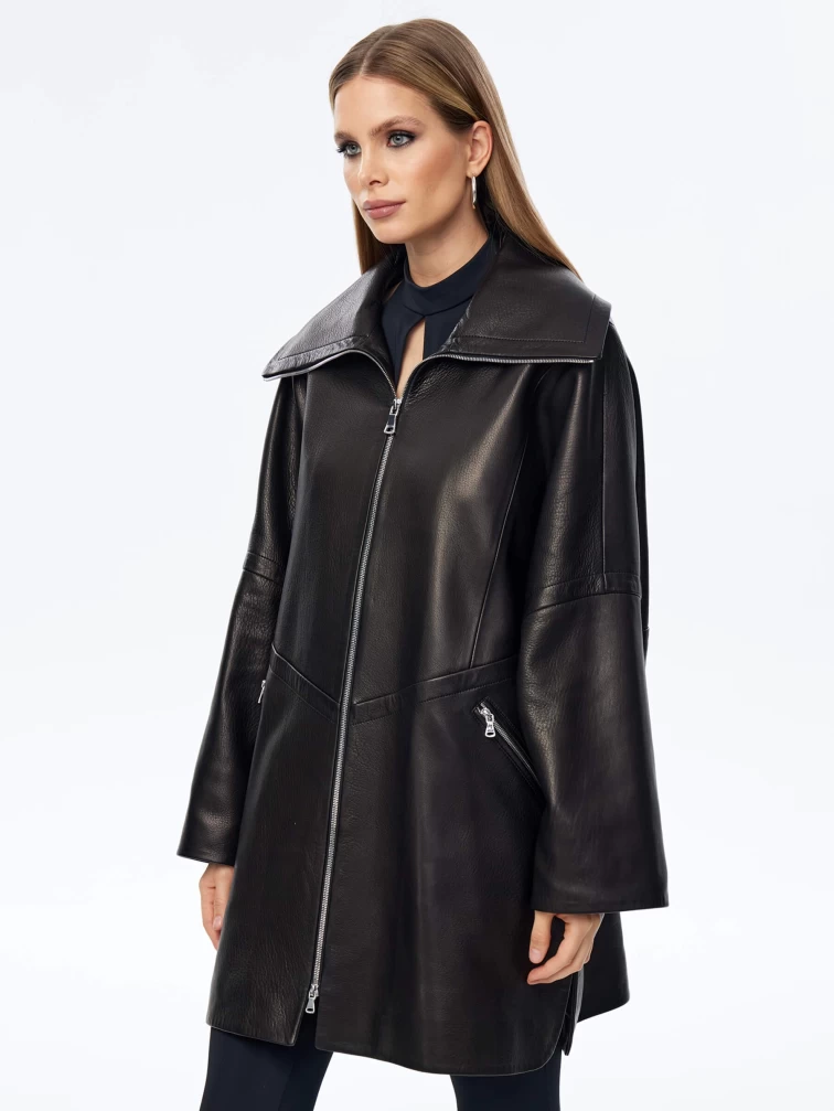 Кожаный плащ оверсайз на молнии для женщин премиум класса 3057, черный, размер 52, артикул 23520-0