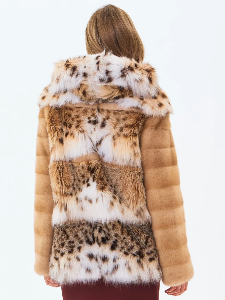 Женская шуба из рысевидной кошки с капюшоном премиум класса Мариана(к), бежевая, размер 46, артикул 34240-5