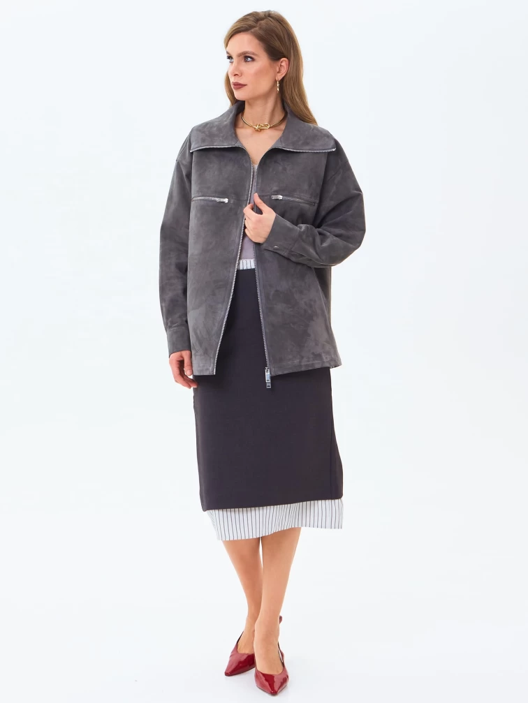 Удлиненная женская замшевая куртка премиум класса 3084з, серая, размер 46, артикул 24680-6