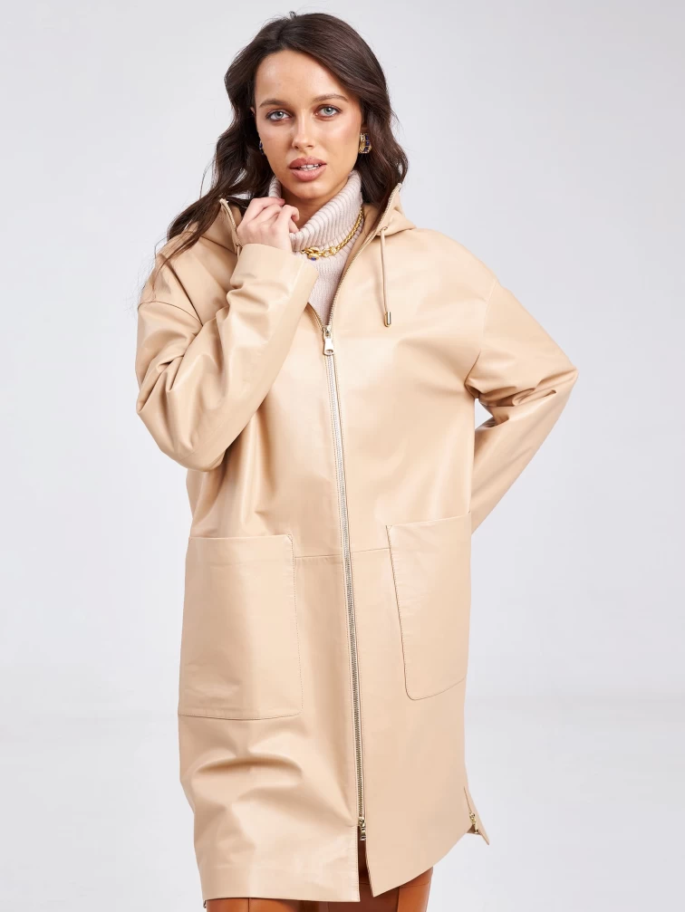 Кожаный женский плащ с капюшоном на молнии премиум класса 3034, бежевый, размер 48, артикул 91940-3