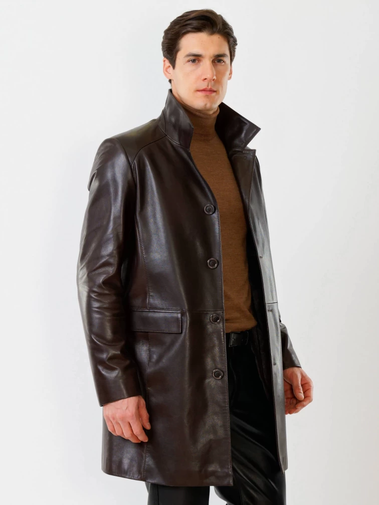 Удлиненный кожаный мужской пиджак премиум класса 539, коричневый, размер 50, артикул 29540-5