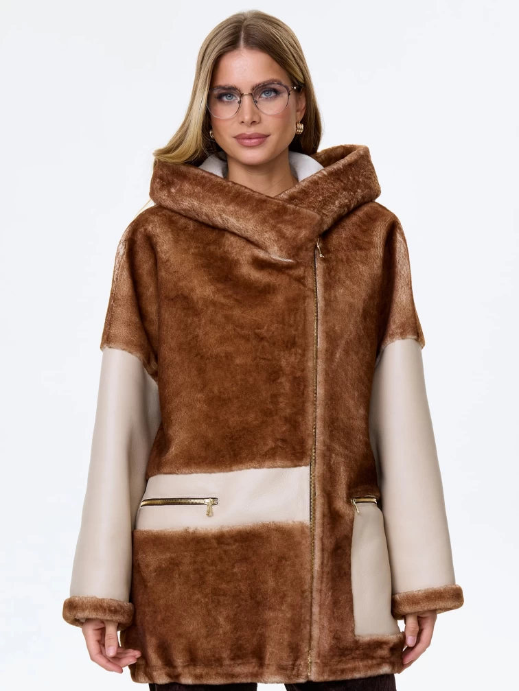 Женское полупальто с капюшоном из натуральной овчины астрагана премиум класса 2058, бежевое, размер 52, артикул 64360-2