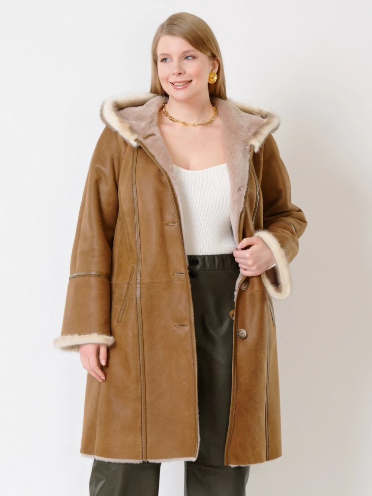 Женская дубленка с капюшоном и отделкой из меха норки 225у, бежевая, размер 50, артикул 14840-0