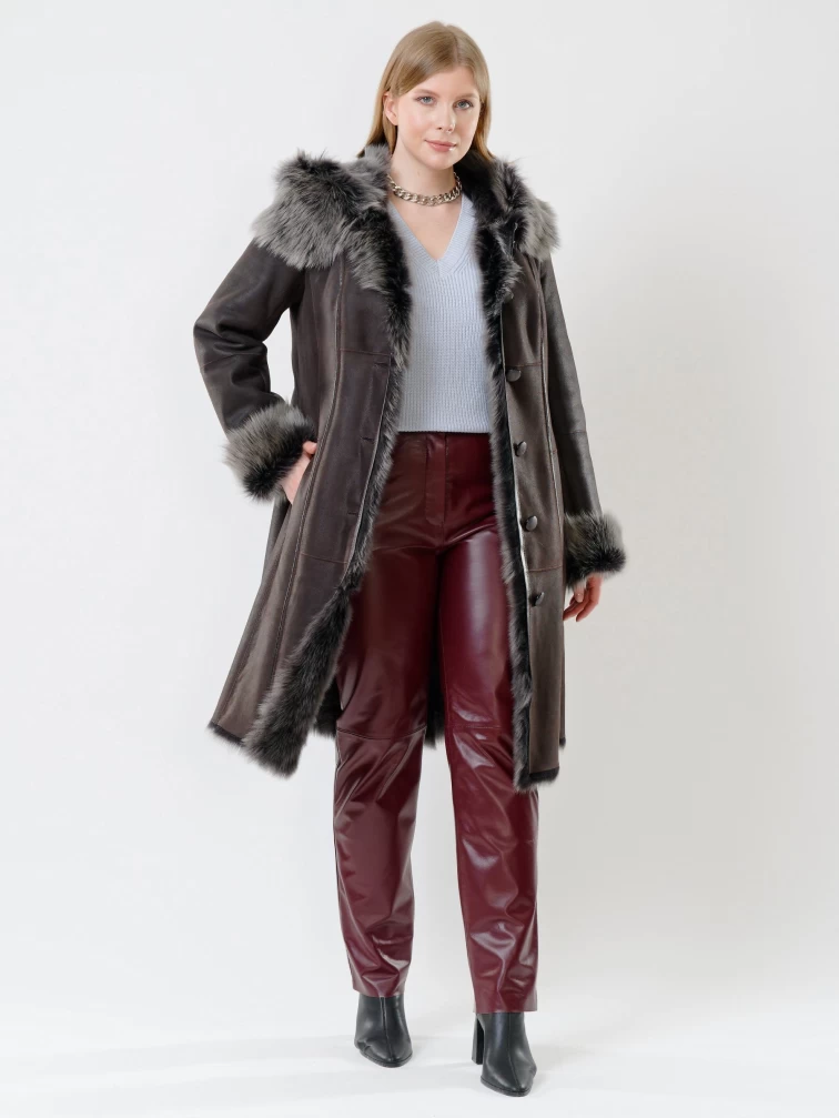 Длинная женская дубленка из тосканы с капюшоном 123нк, коричневая, размер 56, артикул 62082-1