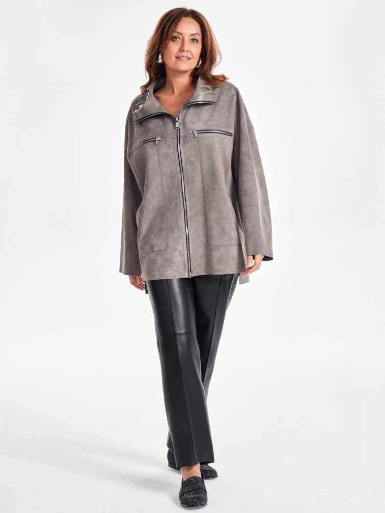 Замшевая женская куртка оверсайз на молнии премиум класса 3055з, серая, размер 50, артикул 23500-4