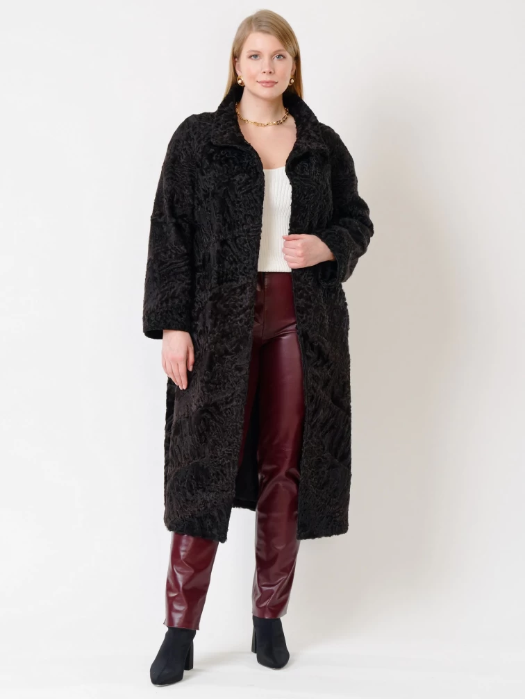 Длинная шуба из меха каракуля женская 17101, коричневая, размер 44, артикул 22700-1