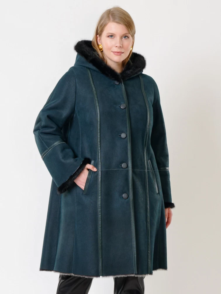 Женская дубленка с капюшоном и отделкой из меха норки 225у, синяя, размер 66, артикул 14860-5