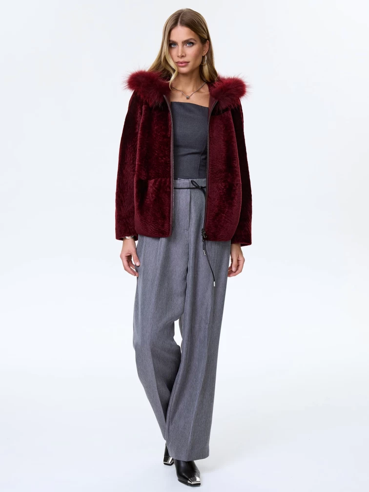 Женская дубленка из астрагана с капюшоном 48мех, бордовая, размер 48, артикул 64600-1