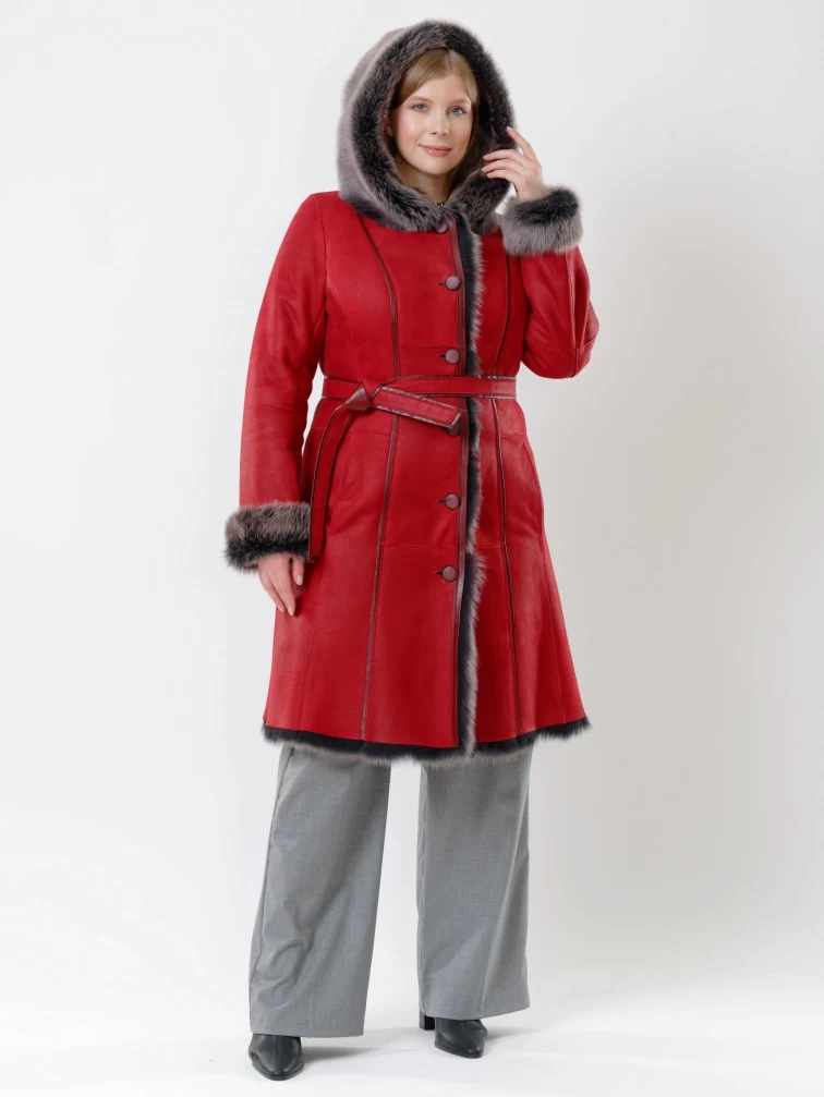 Длинная женская дубленка из тосканы с капюшоном 123нк, красная, размер 50, артикул 62072-4