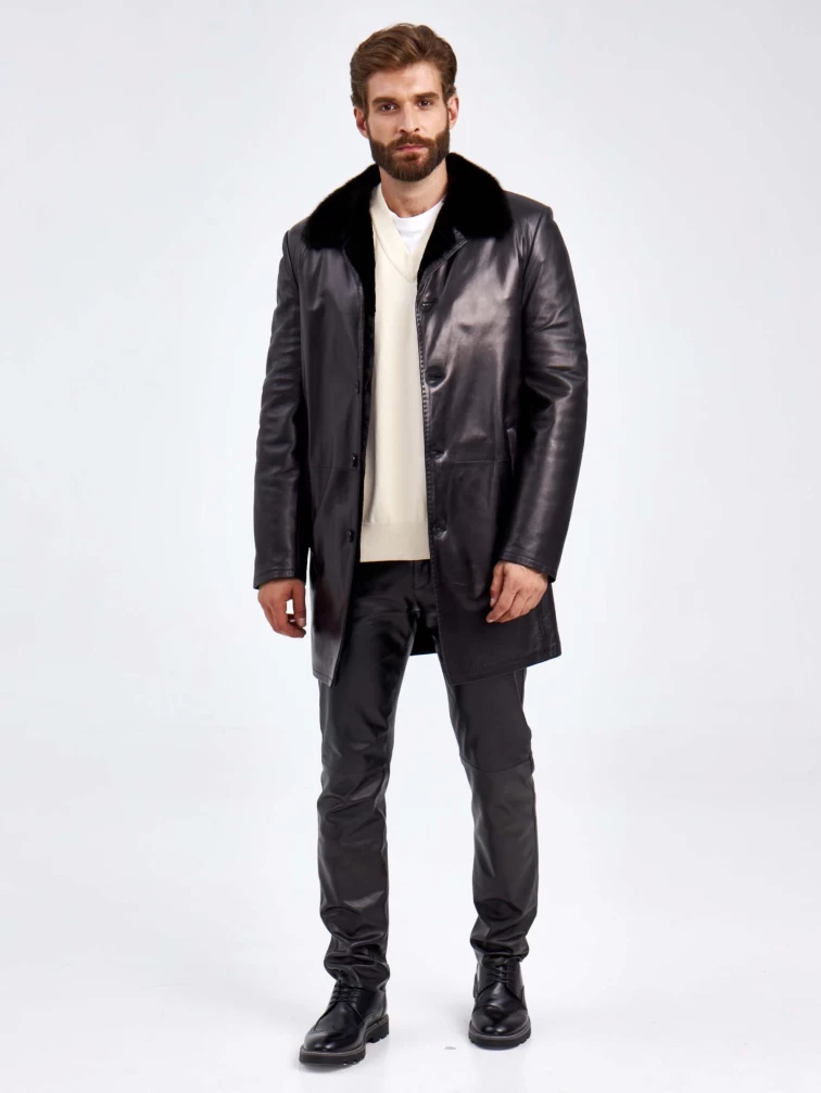 Кожаная дубленка с воротником из меха норки для мужчин 5365, черная, размер 46, артикул 70920-1