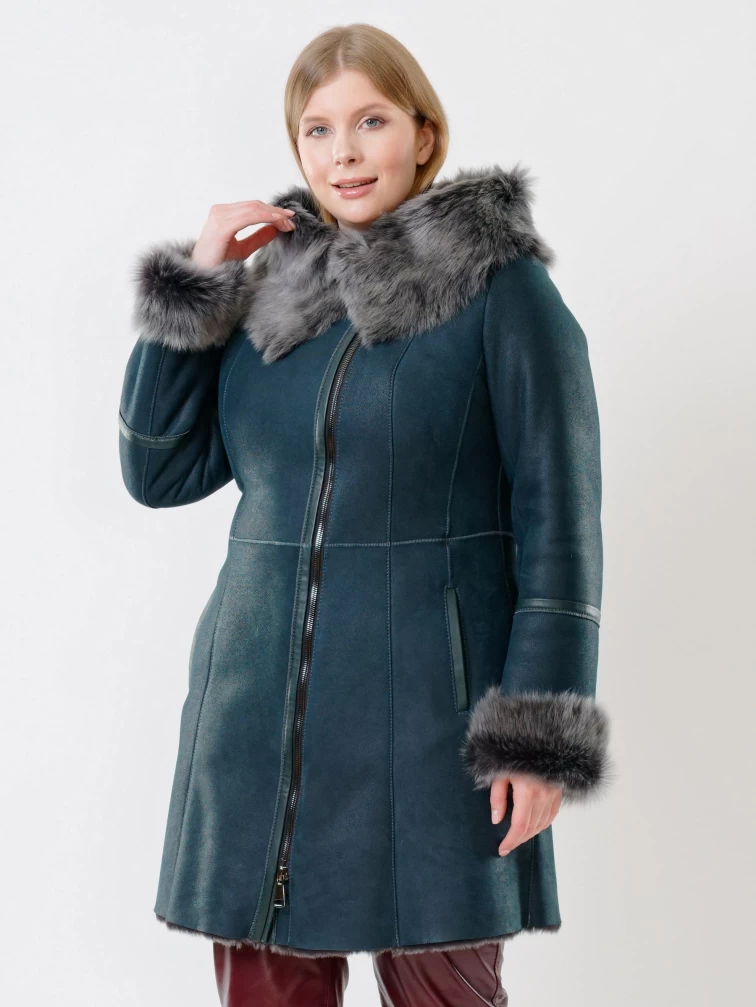 Женская дубленка косуха с капюшоном из тосканы 283, синяя, размер 52, артикул 14560-6