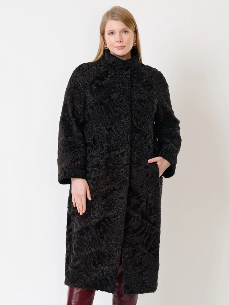 Длинная шуба из меха каракуля женская 17101, коричневая, размер 44, артикул 22700-4