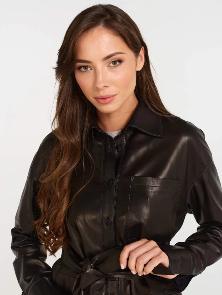 Женская кожаная рубашка с поясом из натуральной кожи 01_1, черная, размер 44, артикул 90531-2