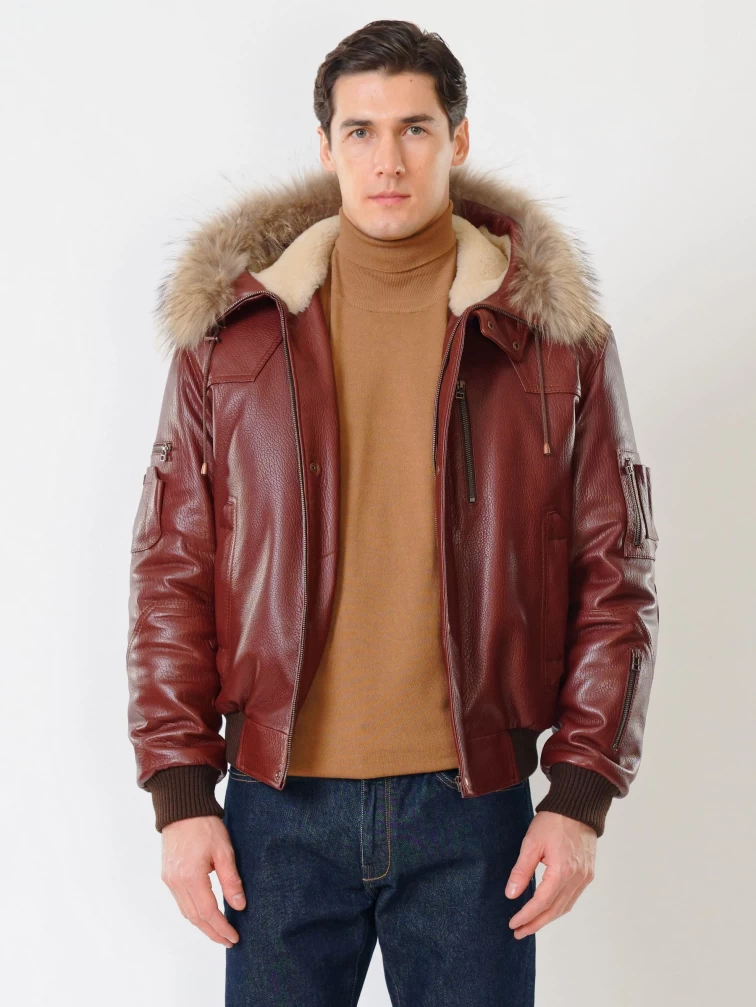 Кожаная мужская куртка аляска утепленная с мехом енота 509, виски, размер 48, артикул 40251-0