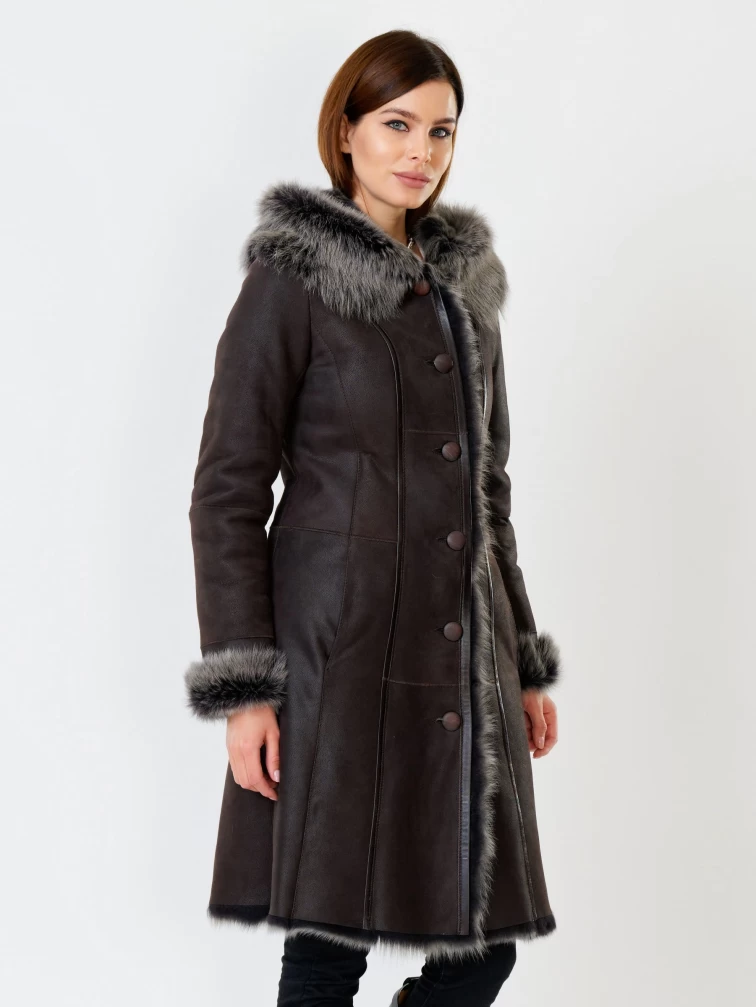Длинная женская дубленка из тосканы с капюшоном 123нк, коричневая, размер 56, артикул 61901-6