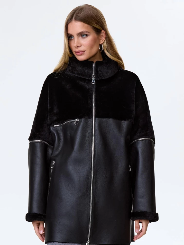 Молодежная дубленка оверсайз для женщин премиум класса 2051, черная, размер 48, артикул 64160-2