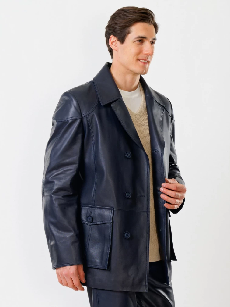 Двубортная мужская кожаная куртка бушлат 549, синяя, размер 48, артикул 28360-2