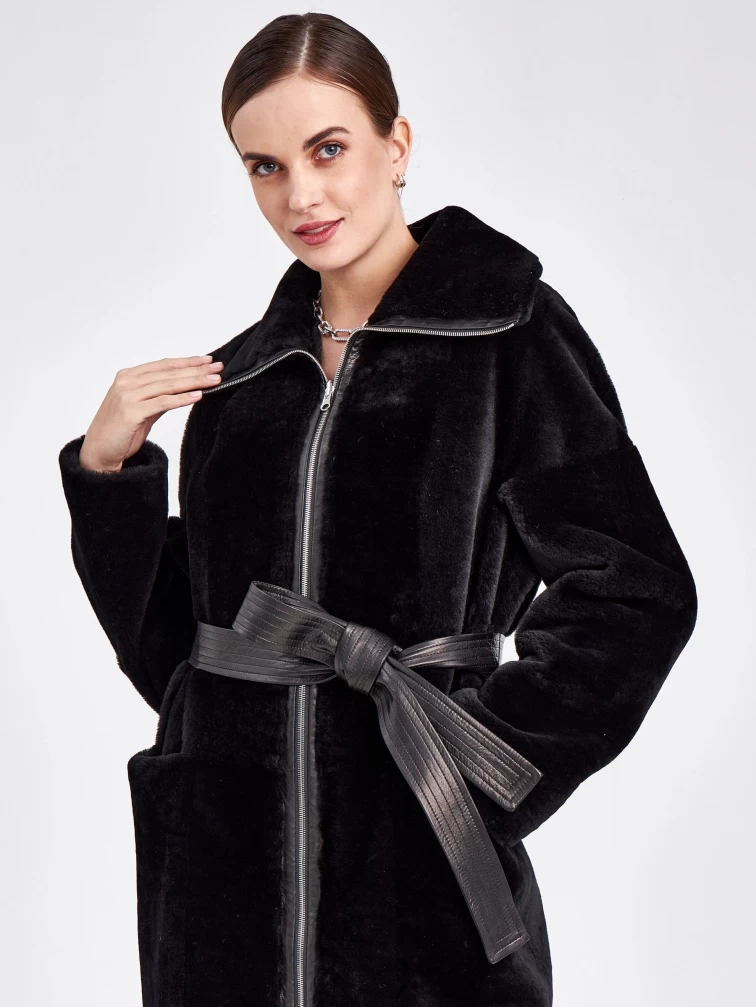 Женское двустороннее пальто из астрагана с поясом премиум класса 2015, черное, размер 48, артикул 63790-4