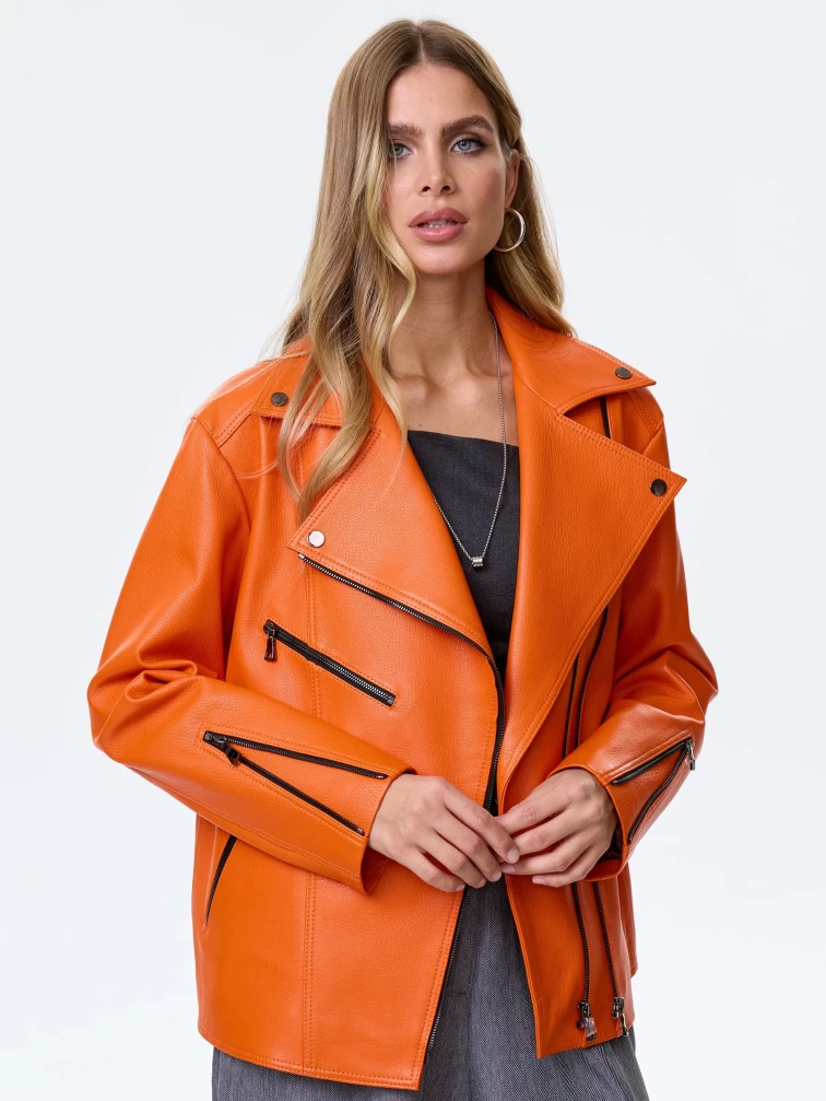 Кожаная куртка косуха премиум класса для женщин 3047, оранжевая, размер 52, артикул 24290-3
