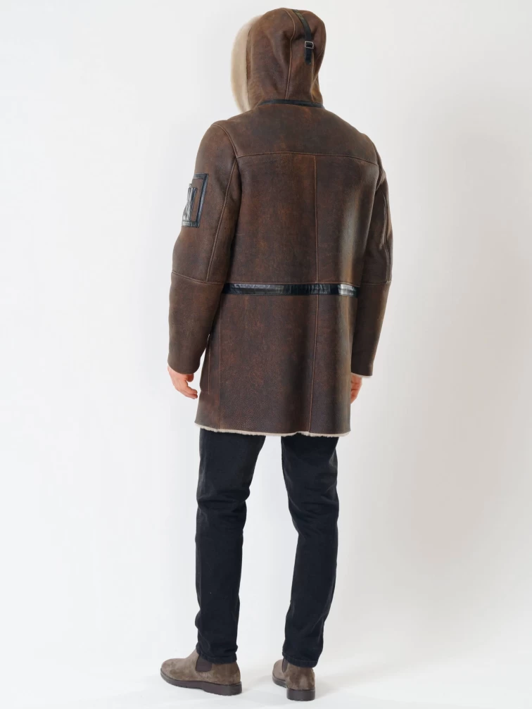 Длинная мужская дубленка с капюшоном премиум класса 429, коричневая, размер 48, артикул 70560-4