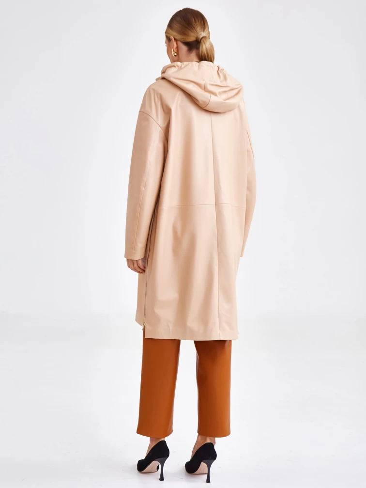 Кожаный женский плащ с капюшоном на молнии премиум класса 3034, бежевый, размер 48, артикул 91941-4