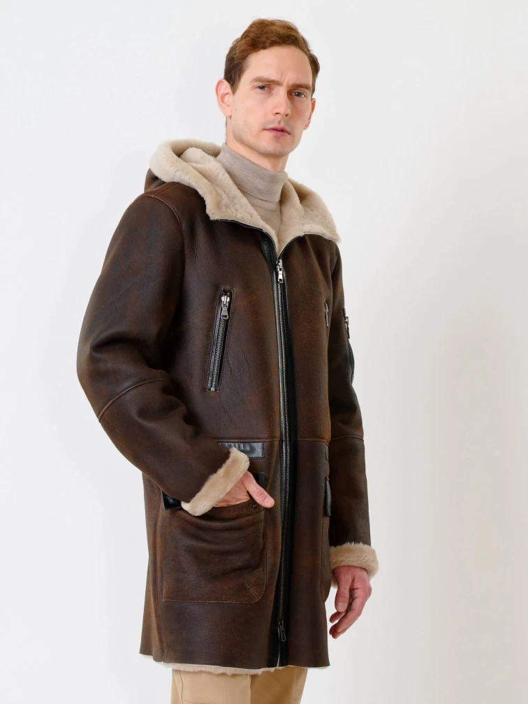 Длинная мужская дубленка с капюшоном премиум класса 429, коричневая, размер 48, артикул 70651-2