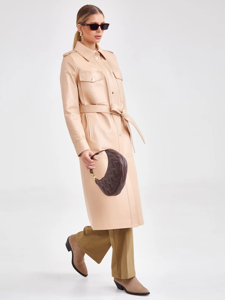 Платье рубашка кожаная женская из натуральной кожи премиум класса 03, бежевая, размер 44, артикул 23181-4