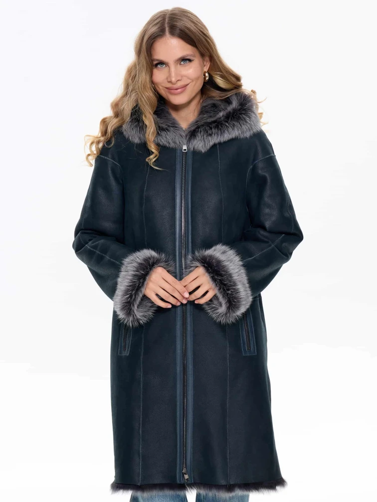 Женская дубленка с капюшоном из тосканы 2067, синяя, размер 48, артикул 64740-0