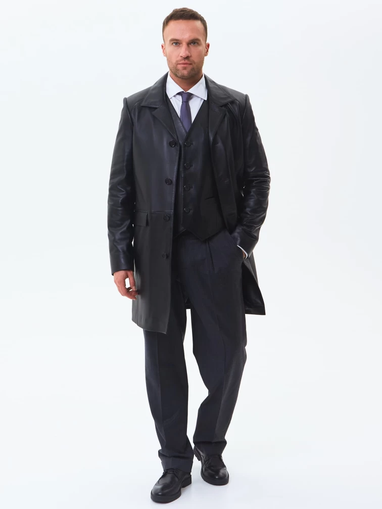Удлиненный кожаный мужской пиджак премиум класса 539, черный, размер 48, артикул 29551-4