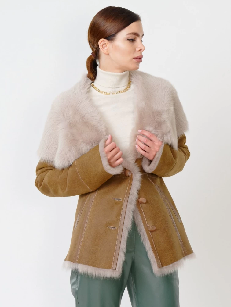 Зимний комплект женский: Дубленка 122 + Брюки 03, бежевый/оливковый, р. 42, арт. 111367-3