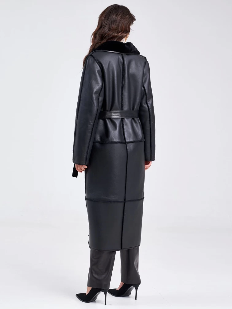 Длинная женская дубленка с поясом премиум класса 2013, черная, размер 48, артикул 62690-6