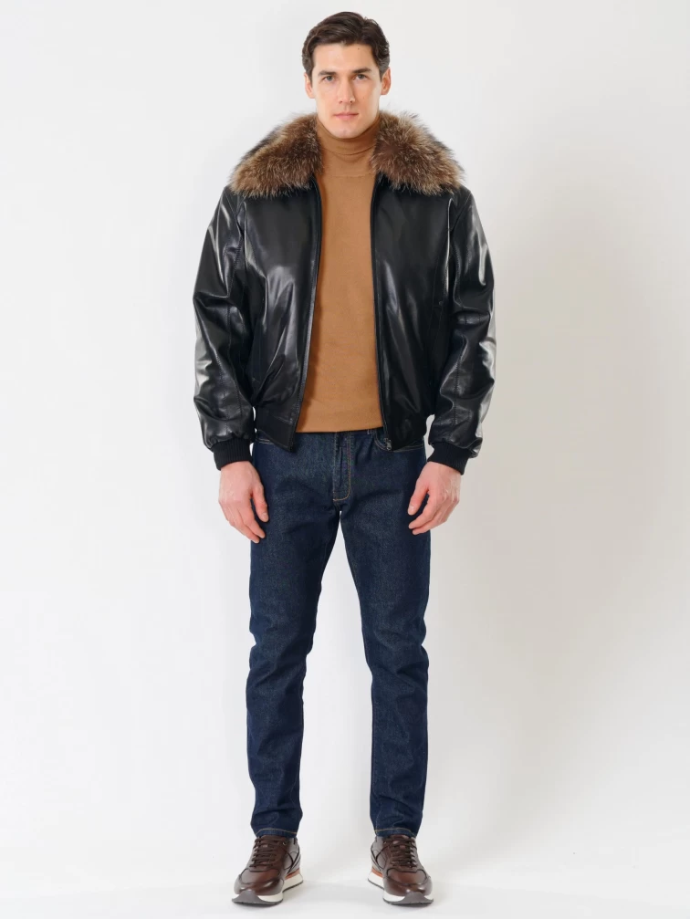 Мужская утепленная кожаная куртка бомбер на резинке с енотовым воротником Мауро-зима, черная, размер 64, артикул 40320-3