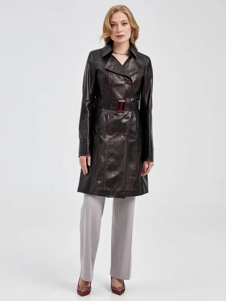 Двубортный кожаный женский френч с поясом 321, черный, размер 40, артикул 91670-6