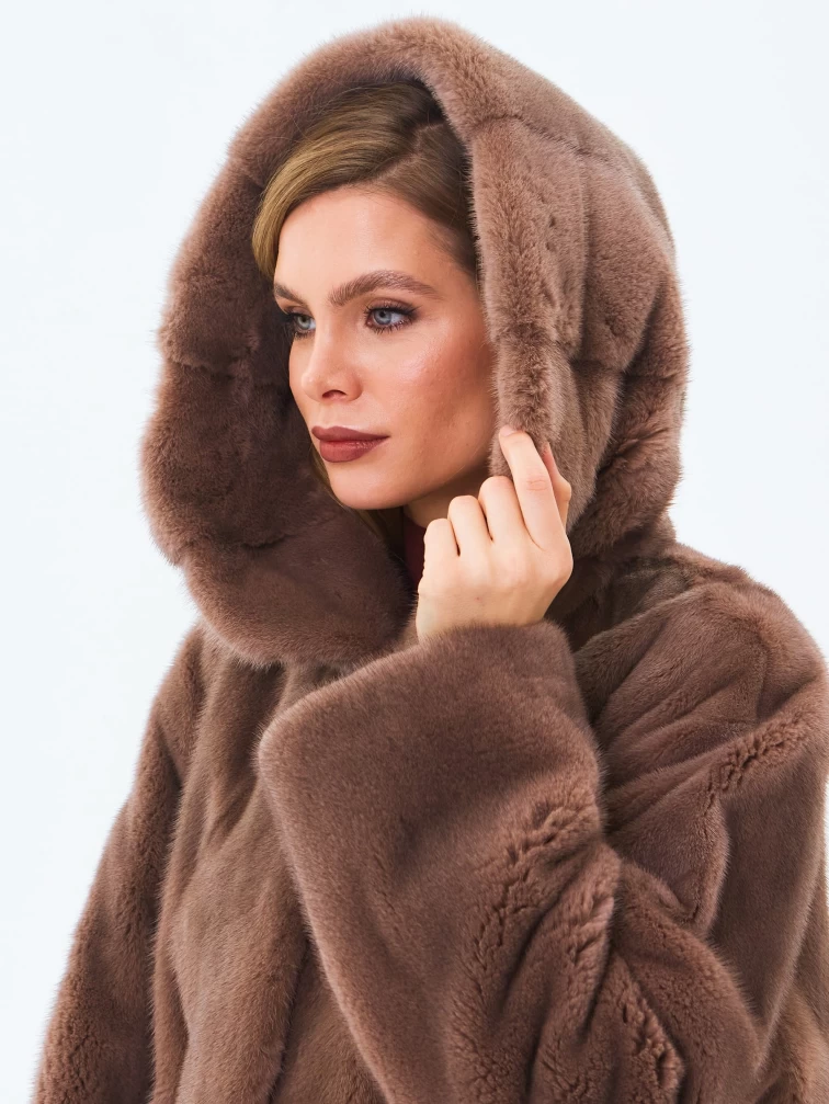 Женская норковая шуба с капюшоном премиум класса Жанет(к), бежевая, размер 58, артикул 34220-3