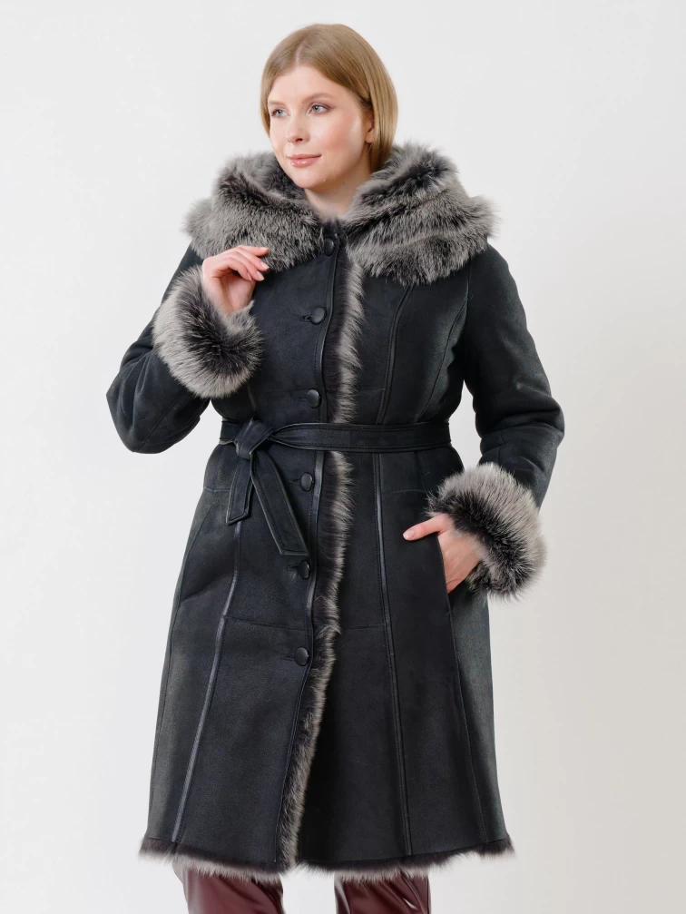 Длинная женская дубленка из тосканы с капюшоном 123нк, черная, размер 52, артикул 61132-0