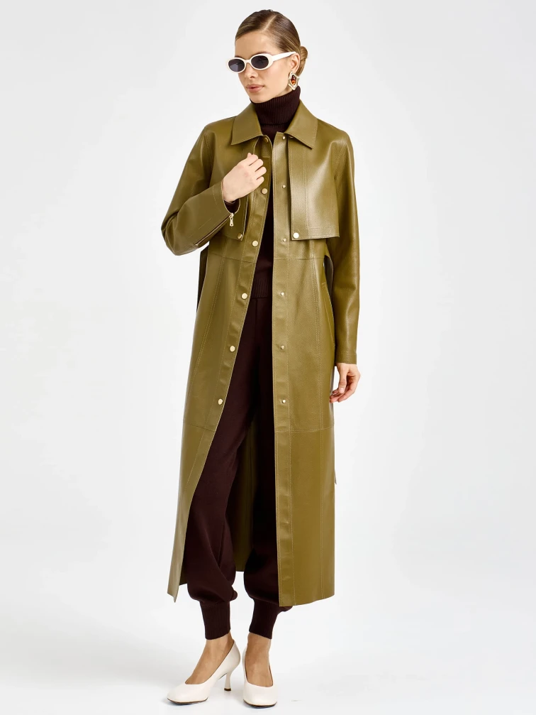 Зеленый женский длинный кожаный плащ премиум класса 3103, размер 44, артикул 92130-1