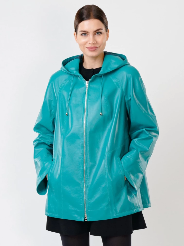 Кожаная женская куртка оверсайз с капюшоном 383, бирюзовая, размер 52, артикул 90740-0