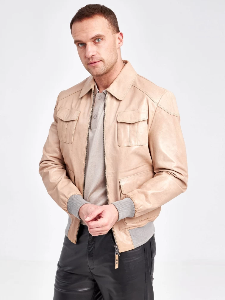 Кожаный бомбер мужской 0102, бежевый, размер 48, артикул 23080-0