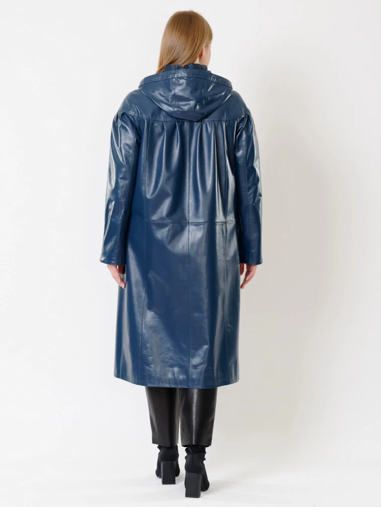 Кожаный длинный женский плащ с капюшоном 3009, синий, размер 48, артикул 91381-2
