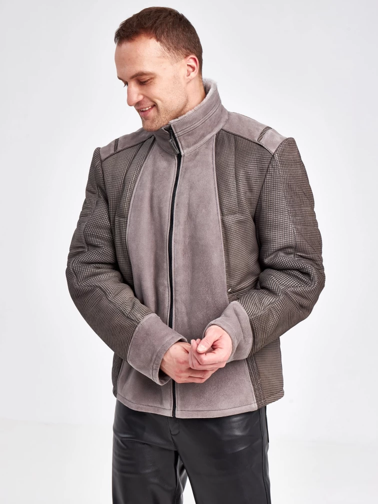 Комбинированная короткая мужская дубленка 40072, серая, короткая, размер 50, артикул 71240-0