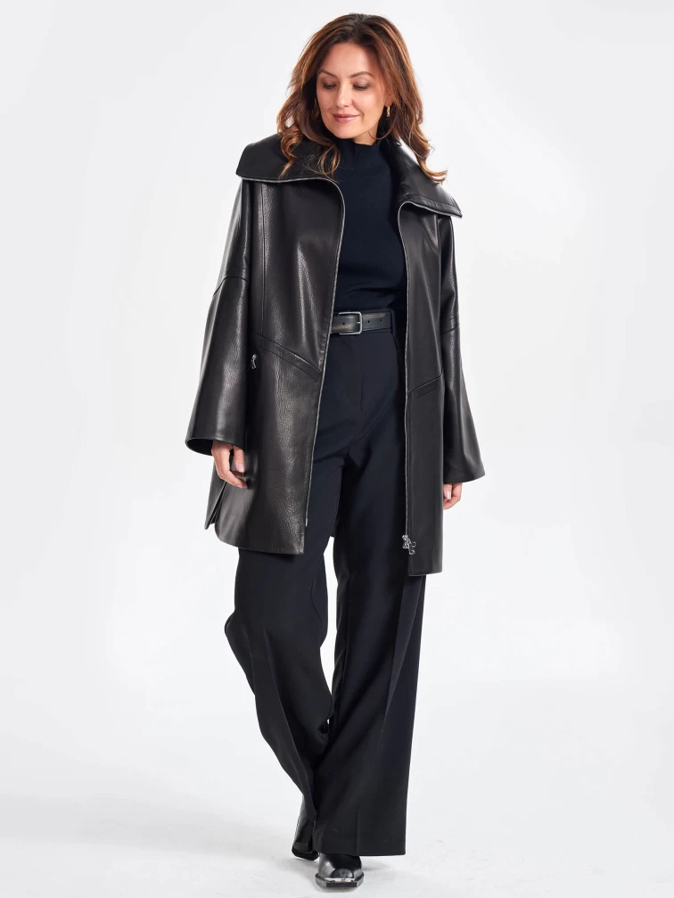 Женское кожаное полупальто оверсайз премиум класса 3057, черное, размер 52, артикул 64020-0