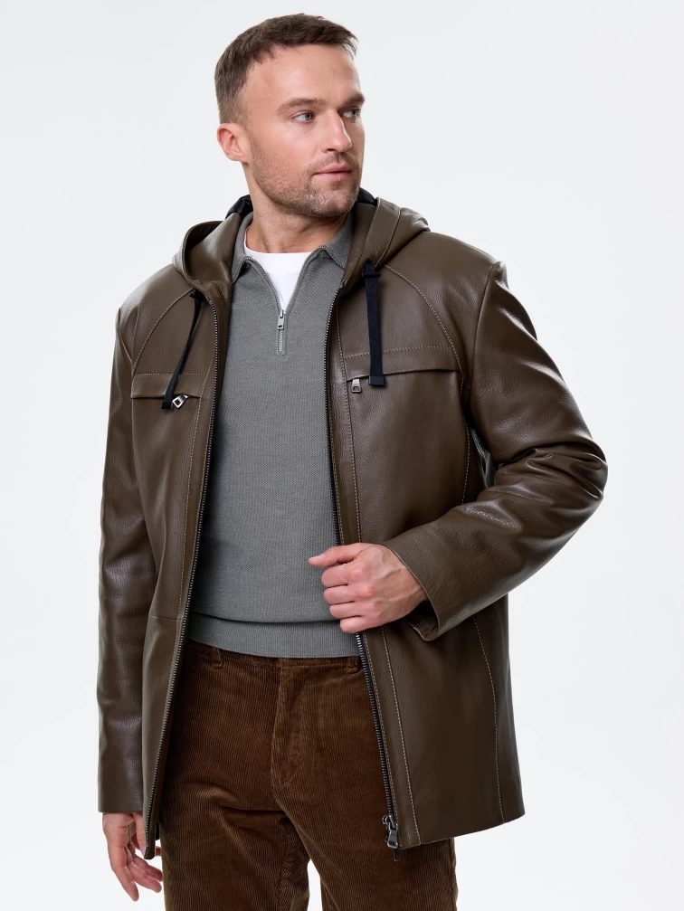 Мужская кожаная куртка с капюшоном премиум класса 552, хаки, размер 52, артикул 41130-6
