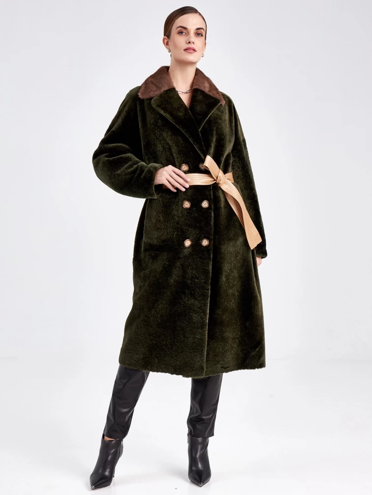 Двусторонняя двубортная женская шуба из астрагана с мехом норки премиум класса 2017, хаки, размер 48, артикул 62791-7