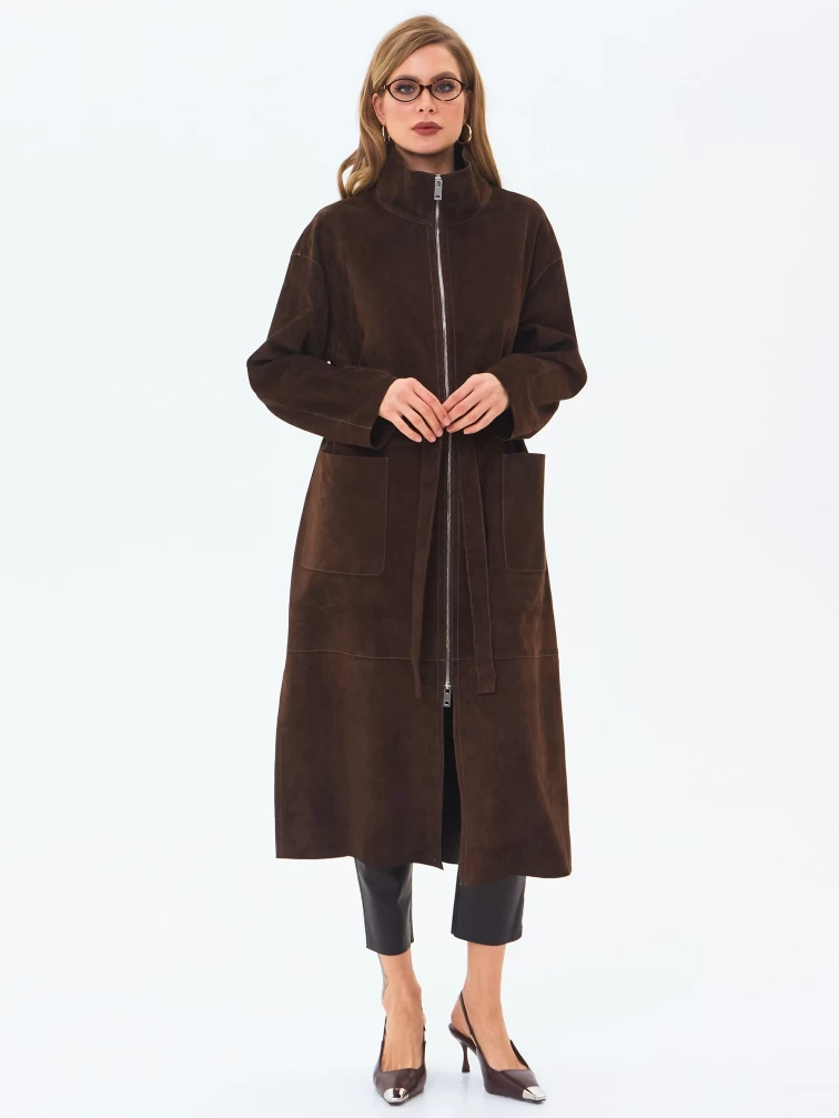 Длинный женский замшевый плащ премиум класса 3082з, коричневый, размер 48, артикул 24670-7