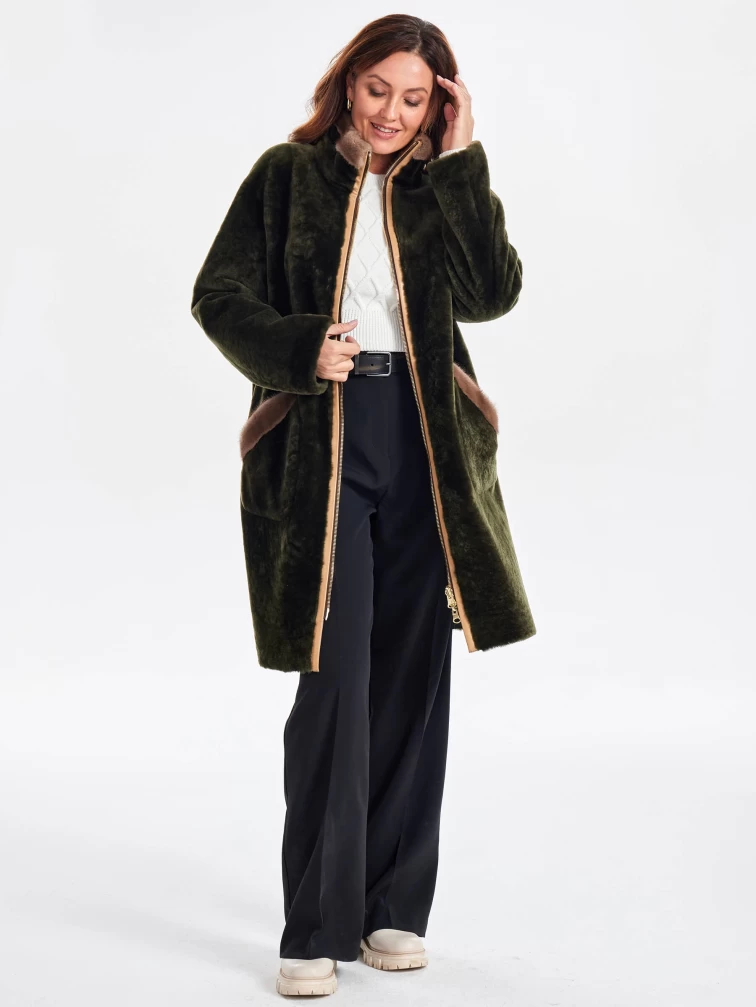 Двусторонняя женская шуба из астрагана с мехом норки премиум класса 2018, хаки, размер 44, артикул 62780-0