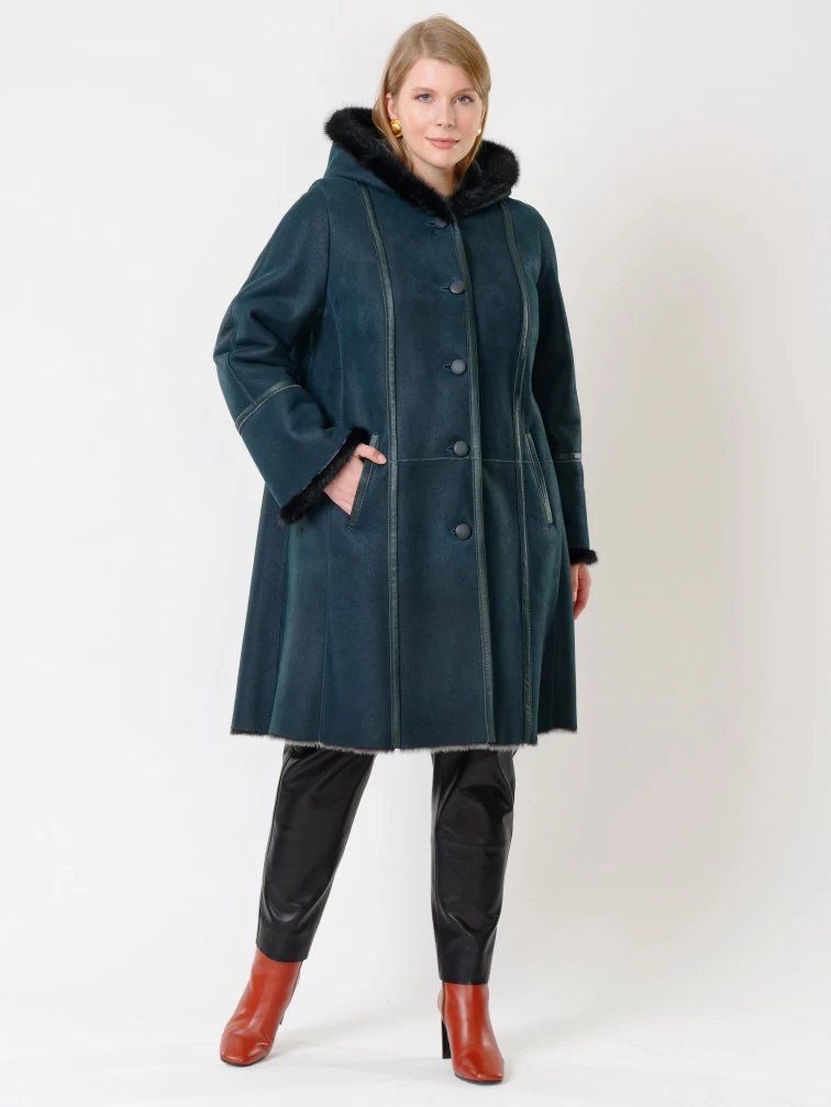 Женская дубленка с капюшоном и отделкой из меха норки 225у, синяя, размер 66, артикул 14860-3